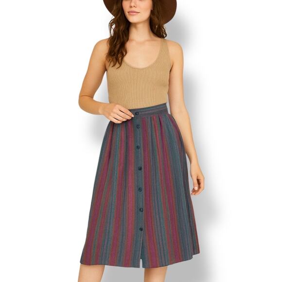 Vintage Dresses & Skirts - Vintage 70s Striped Blue Multicolor Midi Skirt Fashion Conspiracy Button Front